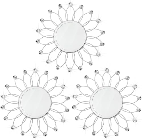 3 Pack Metal Mirrors for Wall Sunburst Wall Mirrors Home Décor Decorative Hanging Wall Art for Living Room Bedroom Entryway (Silver Crystal, Flowers)