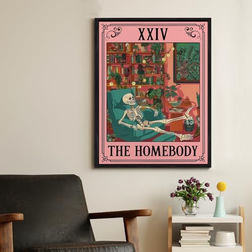 Spooky Framed Wall Art the Homebody Tarot Card Poster Wall Decor | Sarcastic Skeleton Print Painting for Home Office Living Room Bedroom Decoration 11.5x15 Inches