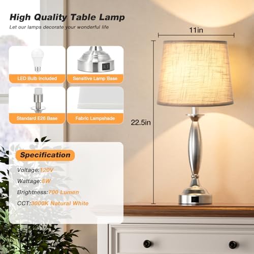 Bedroom Lamps for Nightstand, 3 Way Dimmable Silver Bedside Lamps with USB
