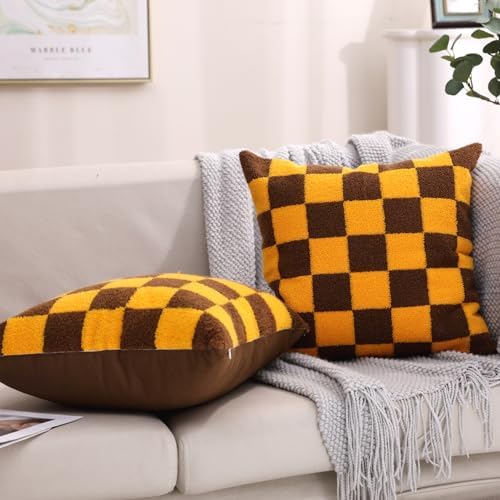 Alysheer Checkered Embroidered Throw Pillow Covers 18"x 18" 2pc Brown