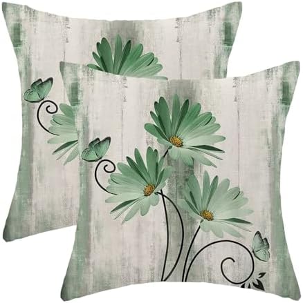 Green Floral Pillow Covers 18 x 18 Inch Set of 2 Daisy Floral Butterfly Decorative Throw Pillow Covers Linen Rustic Farmhouse Cushion Cases for Home Sofa Couch Living Room Decor