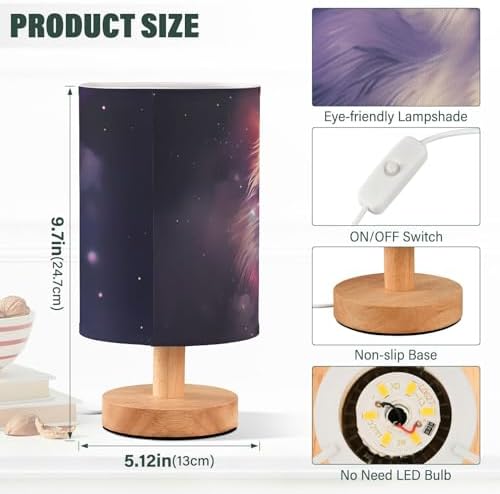 Wolf Starry Table Lamp Bedside Lamps with USB Port,Wood Base Round Flaxen Fabric Shade for Bedroom