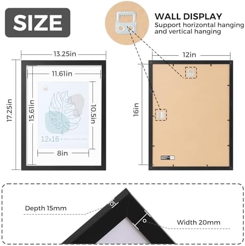 Muzilife Black 12x16 Wood Picture Frame with Mat, Real Glass Cover, 1 Pack