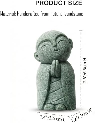 Jizo Statue, Little Monk Buddha Figurines for Zen Garden and Aquarium, Natural Sandstone Sculpture with Tilt Smile, Meditation Decor for Home Office Desk, Grey (Jizo Monk)