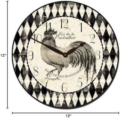 Black & Cream Rooster Wall Clock | Ultra Quiet Quartz Mechanism | Hand Made in USA Beautiful Crisp Lasting Color | Comes in 8 Sizes | 12-Inch