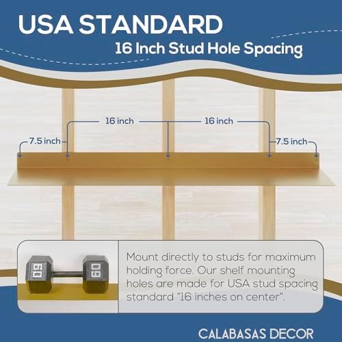 48x8 in Metal Floating Shelf Gold Wall Mounted - Made in The USA - Bedroom, Living Room, Bathroom, Kitchen