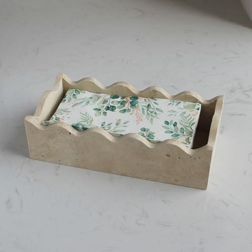 Natural Travertine Guest Towel Holder 9.8" × 4.9" for Bathroom, Rectangular Napkin Holder with Scalloped Edge, Tissue Hand Towel Tray for Dinner Table, Countertop Bathroom Vanity