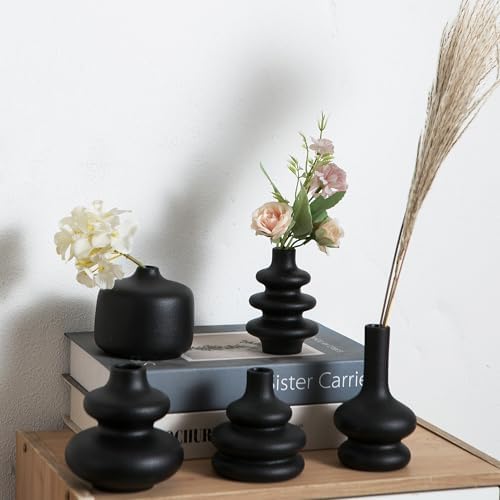 Black Ceramic Bud Vase, Small Vase Set of 5, Mini Vases in Bulk for Flower, Decorative Vase for Home Decor, Boho Vases for Wedding Decorations Living Room Dining Table Shelves Decor