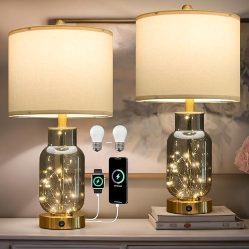 Oneach 22" Glass Table Lamps Set of 2 with LED Nightlight for Bedroom, Gray
