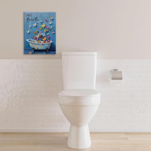 Butterfly Bathroom Wall Art Farmhouse Bathroom Decor Rustic Country Butterfly Canvas Painting Prints Just Breathe Pictures Artwork Decoration Framed for Toilet Restroom Gifts for Women Girl 16"x20"