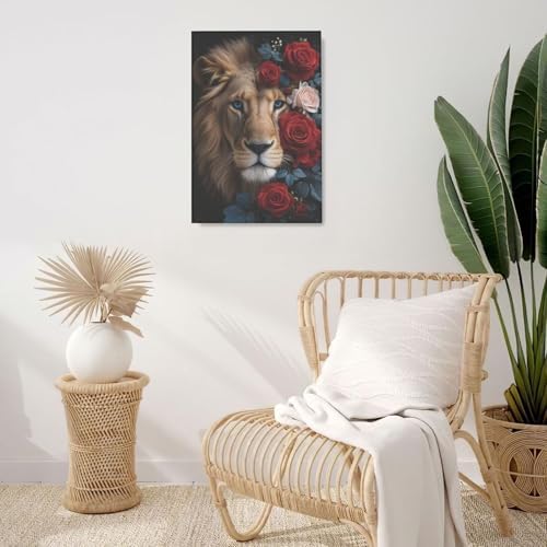 Crekviy Lion Wall Art Lion Pictures Wall Decor Red Rose Canvas Prints Painting Artwork Decoration for Office Bathroom Bedroom Living Room Framed Gifts 16"x24"