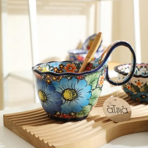 ALMA Handpainted Blue Floral Soup Bowl with Handle, 16oz Loop Handle Bowl