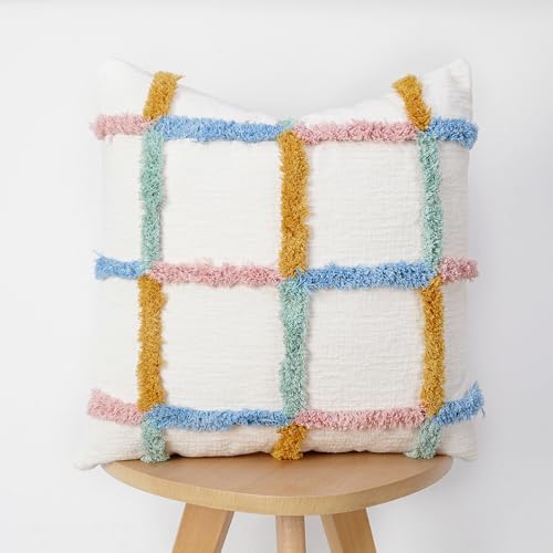 JASEN Checkered Tufted Throw Pillow Cover 18x18 - Colorful Soft Double Stitch Cotton Boho Decorative Cushion Case for Living Room, Sofa, Bed, Modern Home Decor Accents