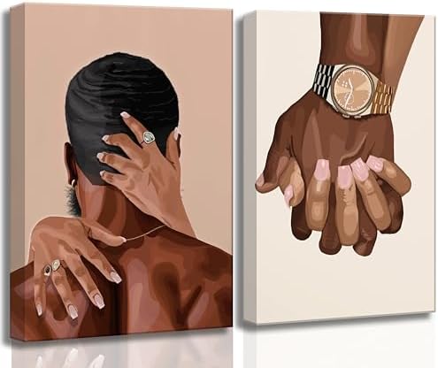 UHVBBCO 2 Pcs Afro Black Couple Canvas Wall Art | African American Women Men Black Love Pictures Wall Decor Black Girl Poster Print Artwork for Bedroom Living Room Bathroom