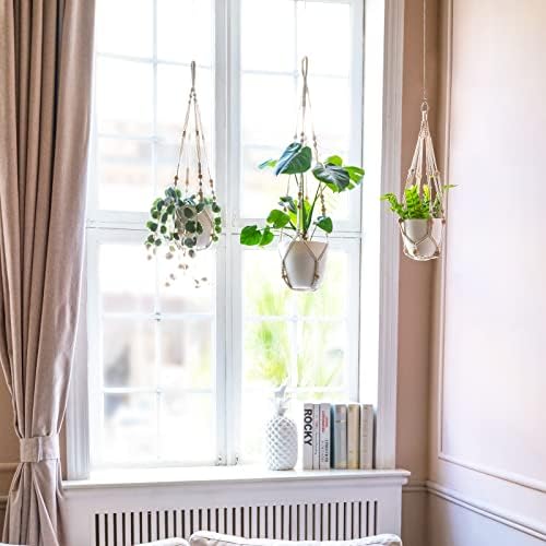 Mkono Macrame Plant Hanger Indoor 35 Inch Hanging Planter Basket Ivory 3Pcs