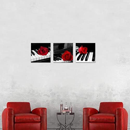 NAN Wind 3 Pcs Modern Canvas Painting - Black and White Red Rose Art With Piano Keyboard - Music Decorations Flower Picture for Home Decor - Giclee Framed Artwork for Wall
