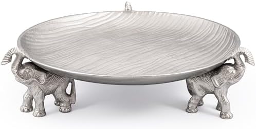 Round Tray with Elephant Stand – Silvery Decorative Tray for Coffee Table Tray, Dining Table Centerpiece Decor, Round Trays Home Decor, Serving Tray for Kitchen Counter Decor