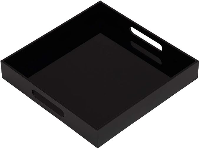 Glossy Black Sturdy Acrylic Serving Tray with Handles - 12x12 Inch Multipurpose Tray for Coffee, Appetizers, Breakfast, and More