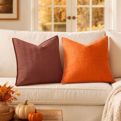 MIULEE Pack of 2 Fall Rust Euro Shams Chenille Pillow Covers 22x22 Inch