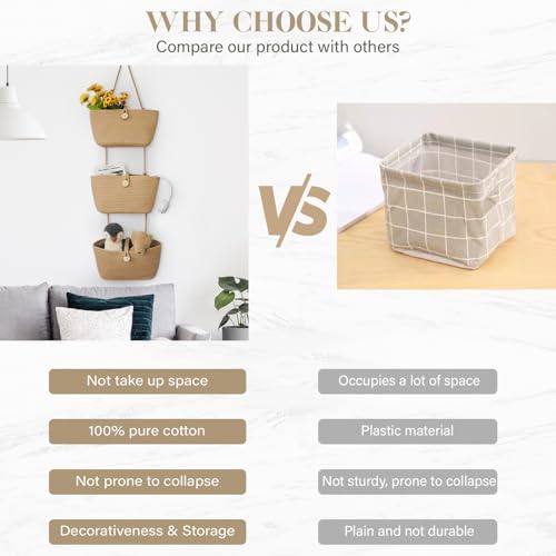 TeoKJ Over the Door Hanging Baskets with Wooden Button, 3-Tier Woven Cotton Storage Organizer Bag, Wall-Mounted with Hook Decorative Hanging Nursery Baskets, Jute
