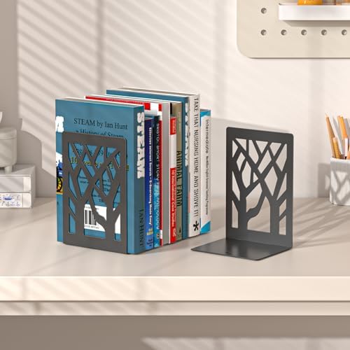 VFINE 4-Piece Modern Metal Bookends for Shelves, Black Tree Book Ends for Books, Decorative Book Organizer for Desk, Non-Skid Shelve Bookends for Home Office