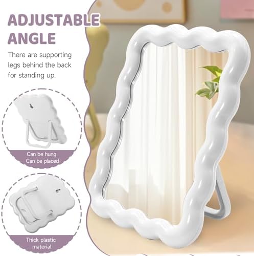 Philbinden Cute Wave-Shaped Desk Vanity Makeup Mirror,Portable Aesthetic Folding Mirror Travel Make Up Mirror for Standing/Hanging,Home Decorations Mirror for Women Girls (1, White)