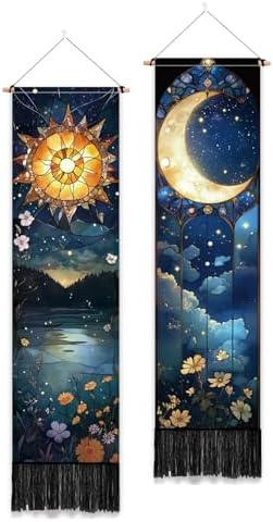 PLIGREAT 2 Pack Sun Moon Tapestry with Tassels, 52" x 13" Stained Glass Aesthetic Wall Hanging Vertical Flower Home Art Tapestry for Bedroom Living Room Bathroom Long Narrow Wall Hanging Art Decor