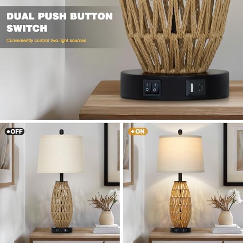 CINSARY 27" Rattan Table Lamps Set of 2, Boho Bedside Lamp for Bedroom with Night Light, Coastal Woven Wicker Nightstand Lamps with USB A+C Charging Port, Tall Farmhouse Living Room Lamp