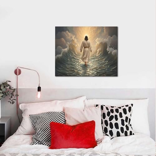 Jesus Walking on Water Wall Art Jesus Christian Spiritual Wall Decor Pictures Bible Story Canvas Prints Painting God Faith Artwork Decoration for Bathroom Bedroom Living Room Framed Gifts 16"x20"
