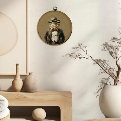 CUANFDDSF Vintage Frog Gentleman Round Wall Art, Dark Academia Whimsical Animal Framed Hanging Wall Decor, Retro Toad Frog Lover Gifts Canvas Prints Decorations for Home Living Room, 10x10 Inch