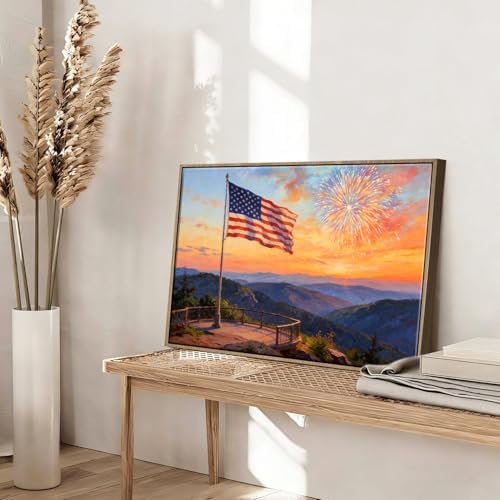 American Flag Framed Canvas Wall Art, 4th of July Patriotic Canvas Prints | USA Flag with Ocean Sunset Landscape Poster Print, Independence Day Wall Decor for Bedroom Living Room 24×36in