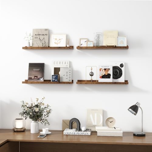 Acovy 24 inch Picture Ledge Shelf, Wood Floating Shelves Set of 4, Brown