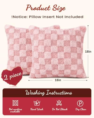 Valentines Pillow Covers 18x18 Inch Set of 2 - Plush Faux Fur PK White 3D Checkered Valentines Day Jacquard Throw Pillow Covers Decorations Soft Home Decor for Couch, Sofa, or Bed