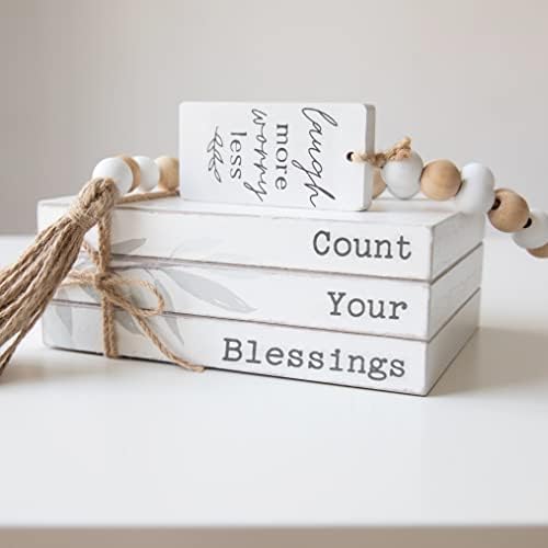 GENMOUS Faux Decorative Books Set for Home Decor, Stacked Wood Faux Books with Wood Bead for Living Room, White Decorative Books for Shelf Decor, Mantel Decor, Farmhouse Decor （Bless）