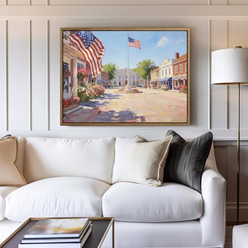 American Flag Framed Canvas Wall Art, 4th of July Patriotic Canvas Prints | USA Flag with Small Town Street Poster Print, Independence Day Wall Decor for Bedroom Living Room 16×20in