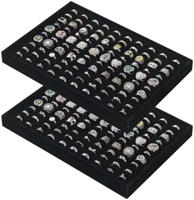 Byken 2 Pcs Ring Organizer Dish Tray,Stackable Jewelry Organizer Trays for Drawer,100 Slots Rings Jewelry Displays for Selling (Black)