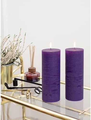 CANDWAX Purple Pillar Candles 3x8 Inch – Set of 2 Unscented Dripless Large Candles, Rustic Finish for Weddings, Events, Interior Styling