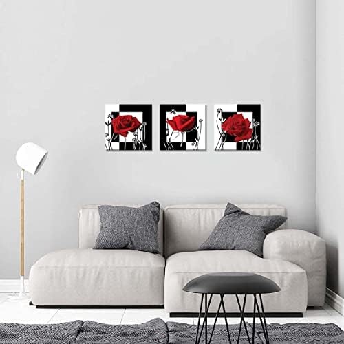 NAN Wind 3 pc Red Rose Wall Decor Black and White Red Rose Pictures for Wall Canvas Art Bedroom Decor Red Wall Art Flower Picture on Canvas for Home Decor Stretched and Framed 12X12inches