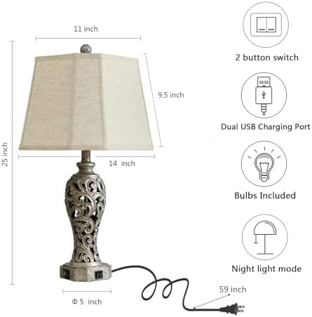 25' Vintage Table Lamps Set of 2 for Living Room with USB C+A