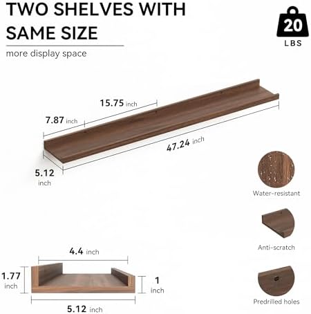Boswillon Floating Shelves Set of 2, Long Wall Shelf with Lip, 48in, Walnut