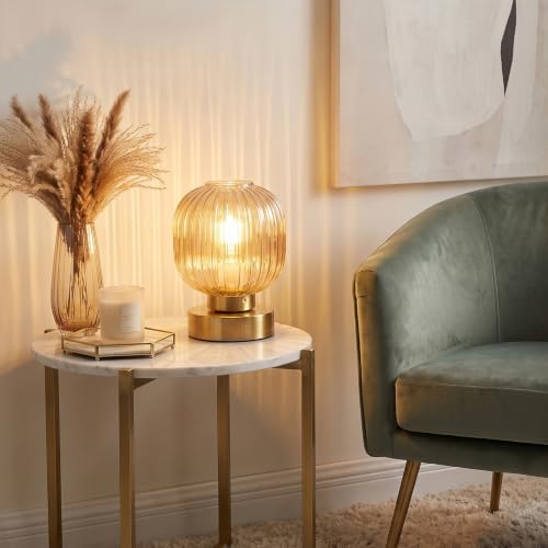 Elenhome Amber Touch Glass Table Lamp Set of 2, 3-Way Dimmable Bedside Lamps, Vintage Mid-Century Modern Nightstand Lamps for Bedroom and Living Room, Ambient Mood Lighting, LED Bulb Included
