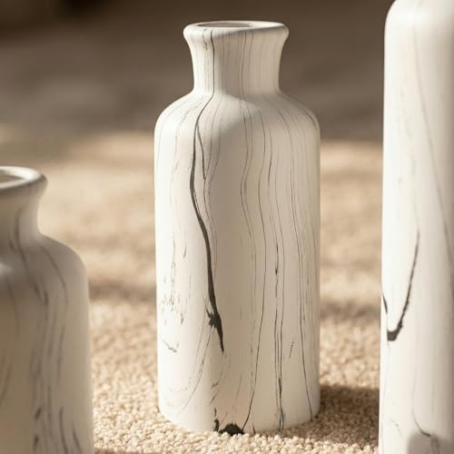 White Marble Look Vase Set of 3, Modern Ceramic Flower Vase for Home Decor, Decorative Vase for Table Entryway Mantel Centerpiece Living Room Bathroom Bedroom (White Gray Marble)