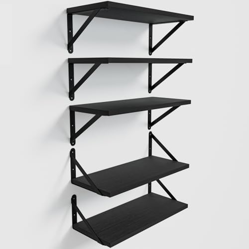 COCOYA Wall Shelves 7.3" Deep Solid Paulownia Wood (Black, Set of 5)