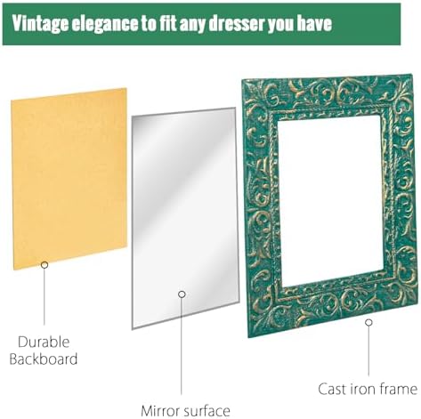 Sungmor Cast Iron Decorative Wall Mirror - Heavy-Duty Green & Gold Embossed Vintage Frame - Ornate Rectangular Hanging Mirror for Entryway, Living Room, or Bathroom