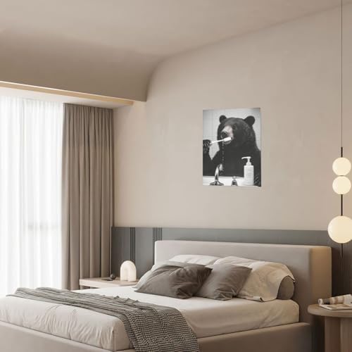 Crekviy Funny Black Bear Bathroom Decor Wall Art Bear Pictures Cute Animal Canvas Prints Painting Artwork Home Decorations Framed Gifts 12"x16"