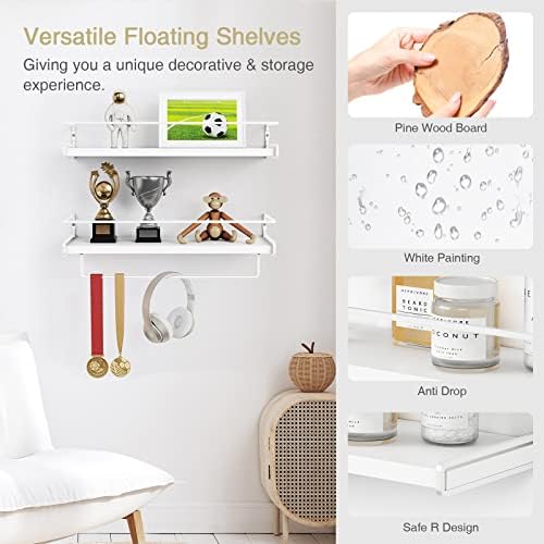 Forbena Bathroom Shelves for Wall Set of 2, White Nursery Floating Book Shelves for Kids Room, Small Wall Mount Bookshelf and Toy Storage Organizer for Baby Toddlers Teens Boys Girls Bedroom
