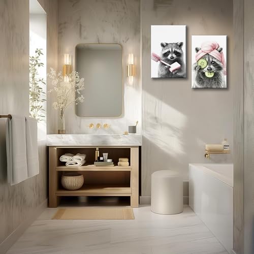 Funny Raccoon Bathroom Wall Art Black White Pink Animal Canvas Prints | Whimsical Skincare Raccoon Painting Black White With Soft Pink Picture Wall Decor for Kids Bathroom Restroom Washroom 16x24In