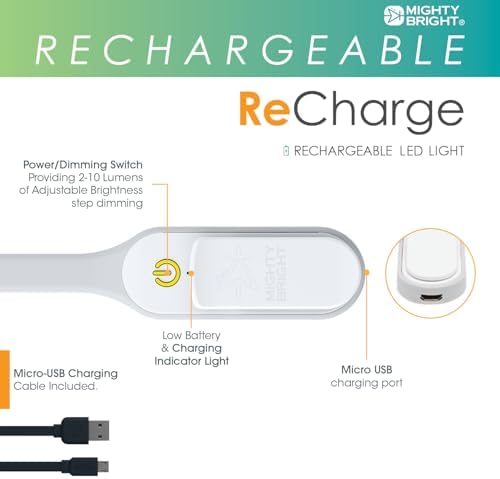 The Original Mighty Bright Recharge Clip On Rechargeable Book Light Reading Light, Warm Eye Care LEDs, Flexible, Durable, Dimmable, Perfect for Kids, Bookworms, Reading in Bed, Lasts 60 Hours (White)
