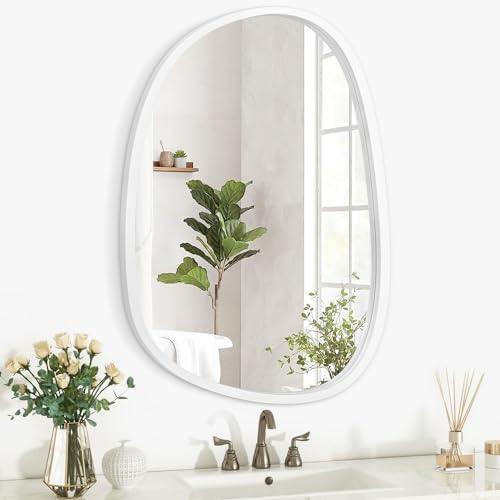 Asymmetrical Mirror Irregular Wall Mirror Oval Wood Frame Wall Mirror for Bathroom Wall Mirrors Decorative for Bedroom Living Room Entryway Hallway Unique Hanging Mirror White