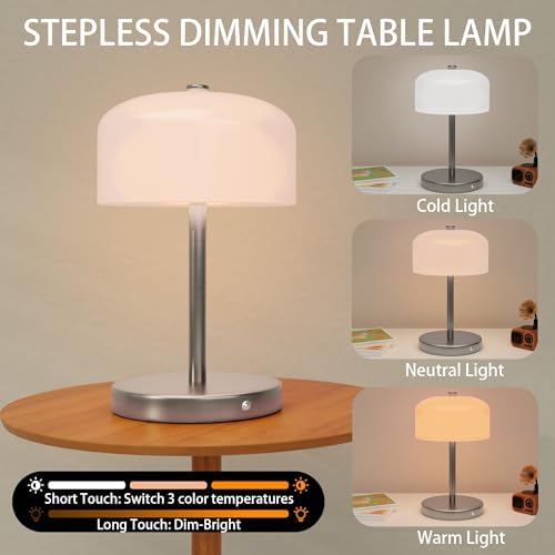 Small Portable Cordless Table Lamp, 3-Way Dimmable Touch Rechargeable Battery Powered Mushroom Lamp Bedroom Dining Table Living Room Shelf Decor,Gold